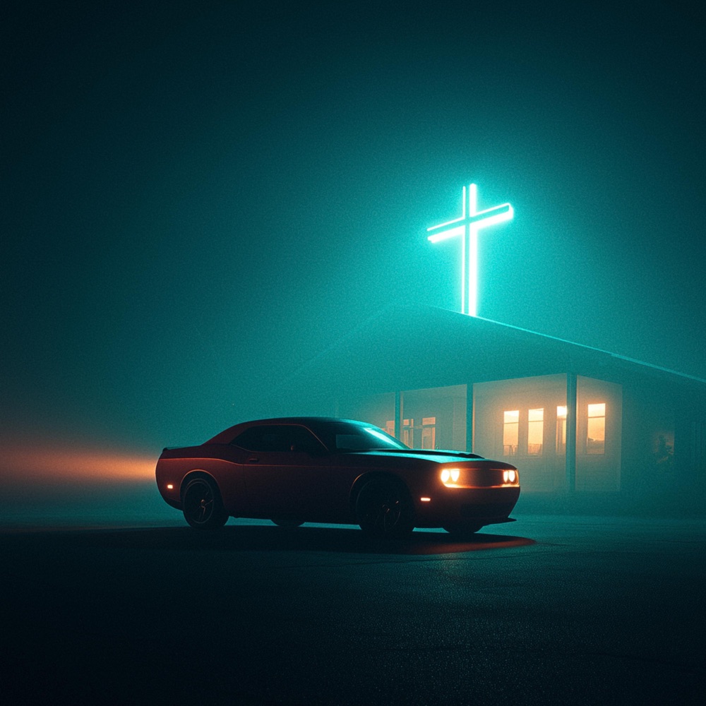 Better Late... album cover, muscle car under a neon cross in the fog