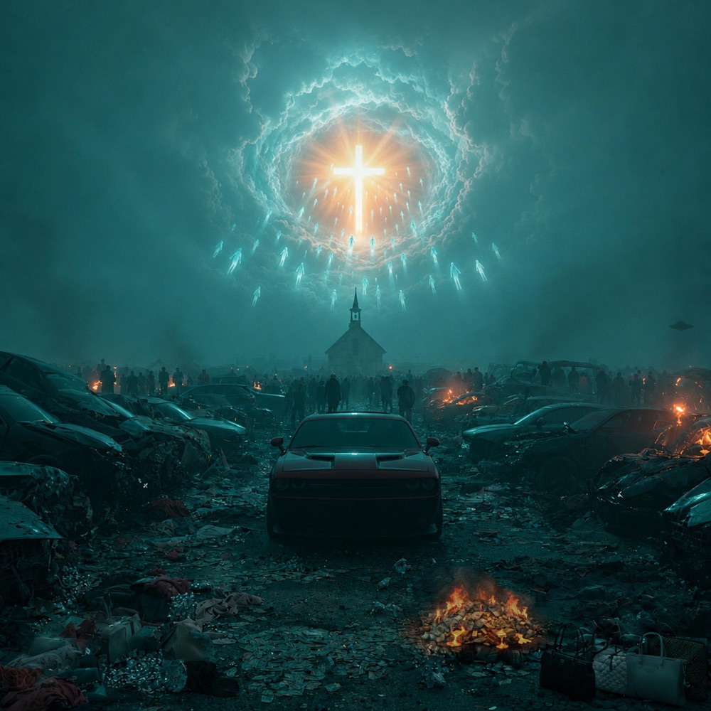 ...Than Too Late album cover, glowing cross in a teal storm